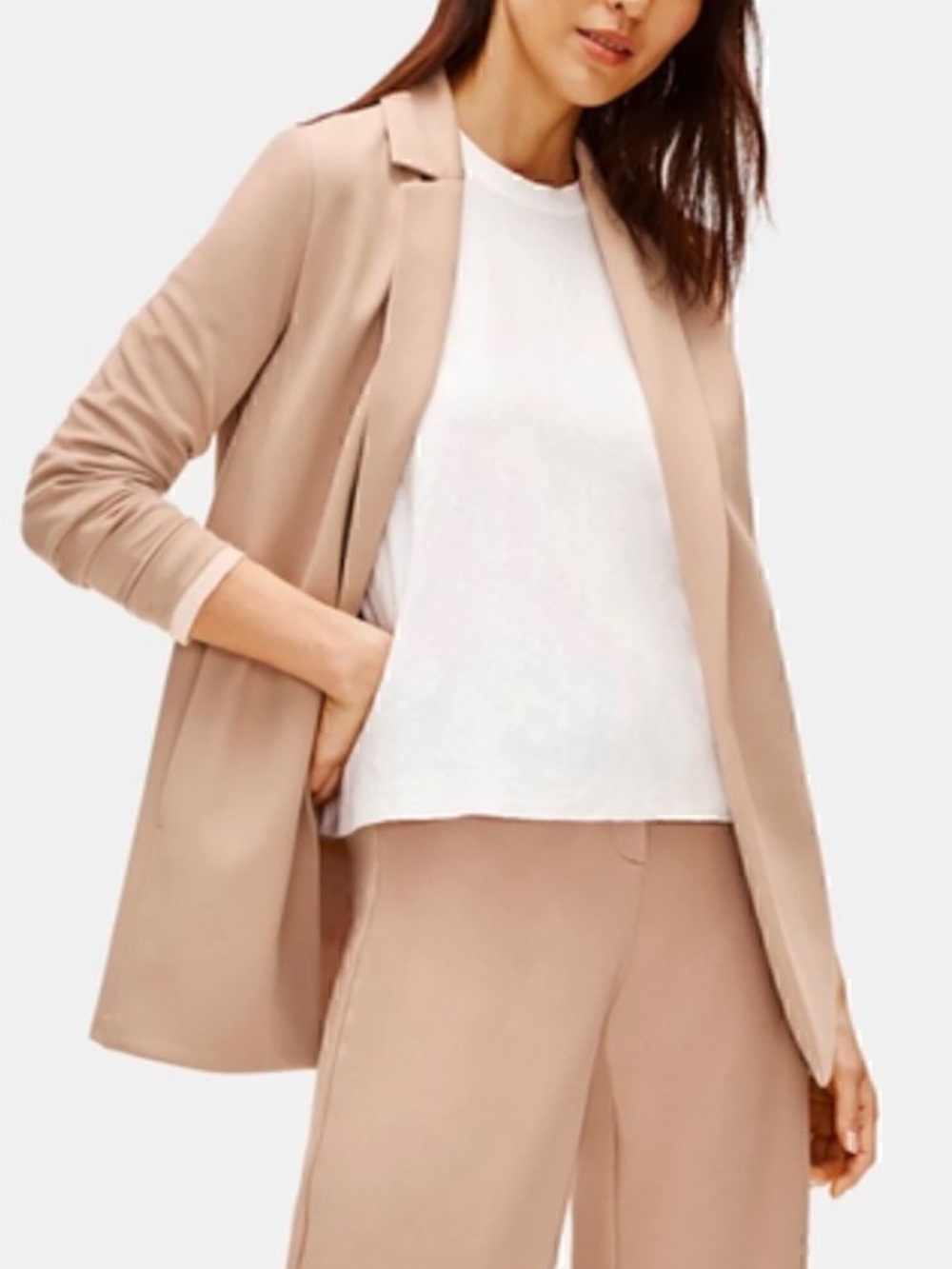 EILEEN FISHER Flex Tencel Ponte Notch Collar Jacket Tan Open Front Blazer L